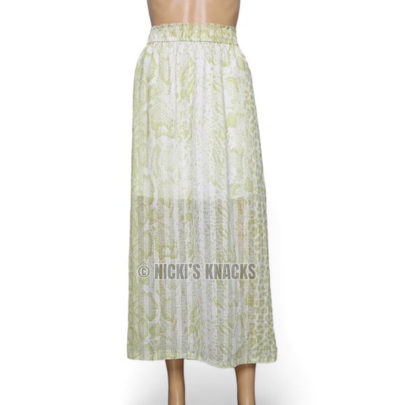 All Saints Clara Noche White Green Animal Print Sheer Midi Skirt Pull On Size 12 - Picture 2 of 11
